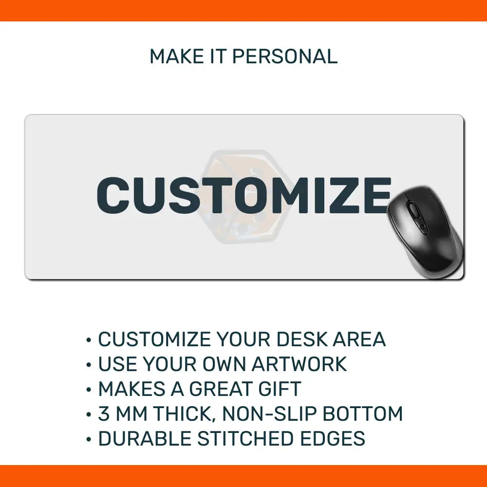 Mouse pad with text 'CUSTOMIZE' and promotional text about customization options.