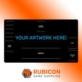 Customizable black playmat with Rubicon Game Supplies logo on an orange gradient background