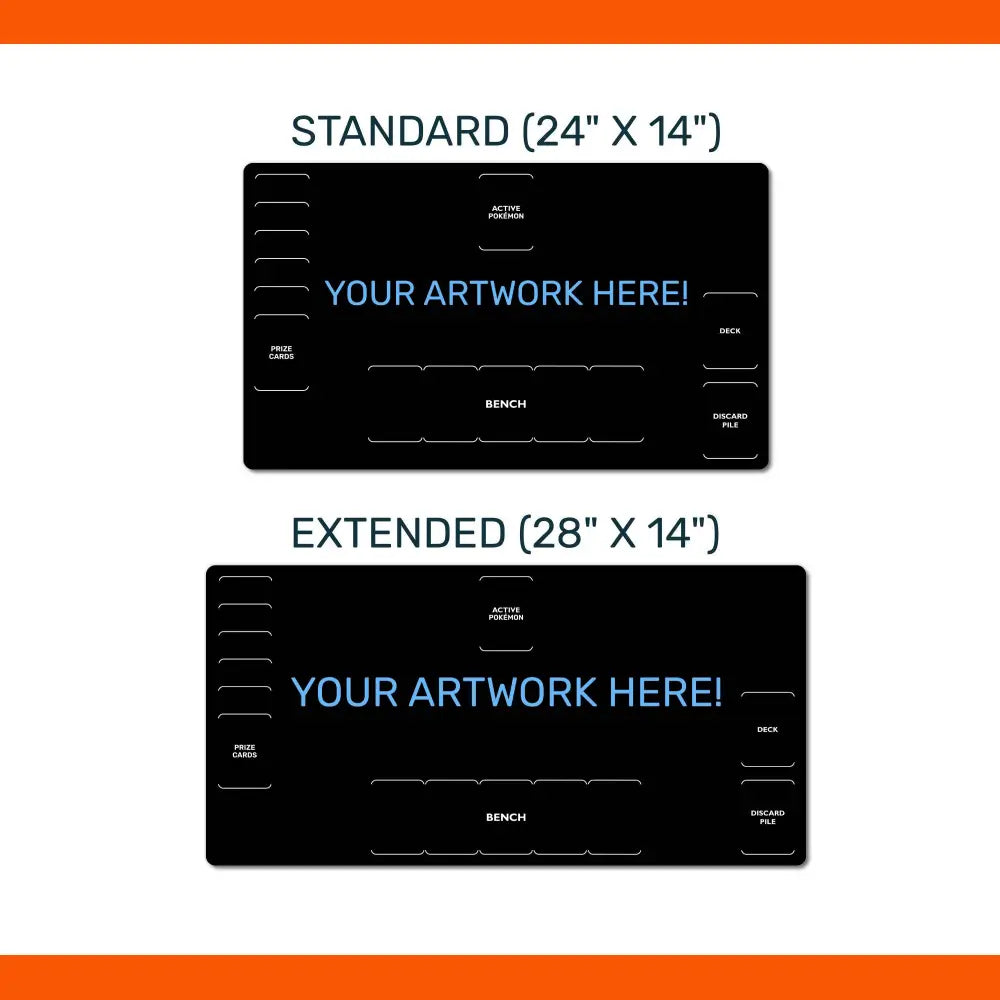 Two black panels with text indicating standard and extended dimensions and placeholder text 'YOUR ARTWORK HERE!'.