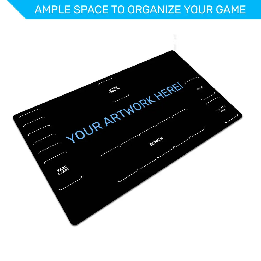 Black game mat with customizable text area on a white background