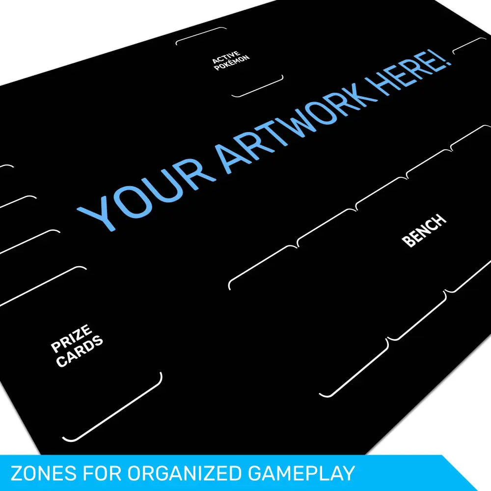 Black game mat with labeled zones for organized gameplay on a white background