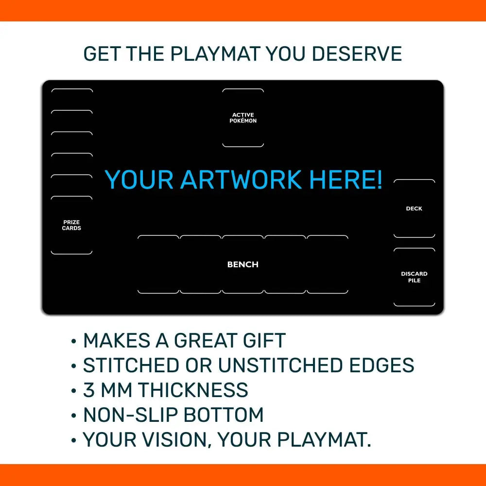Customizable playmat with text and design placeholders on a black background