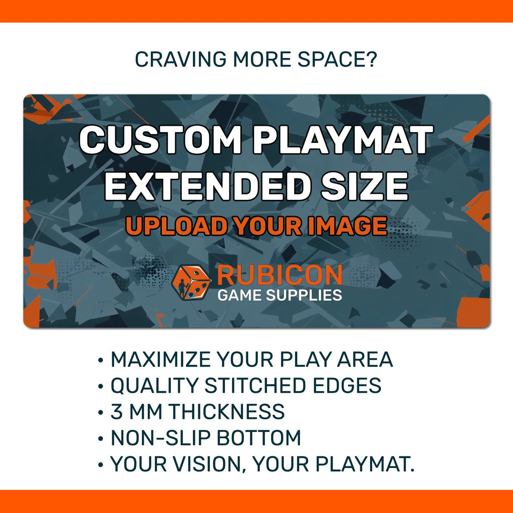 Custom printed TCG playmat extended size product features infographic