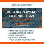 Custom printed TCG playmat extended size product features infographic