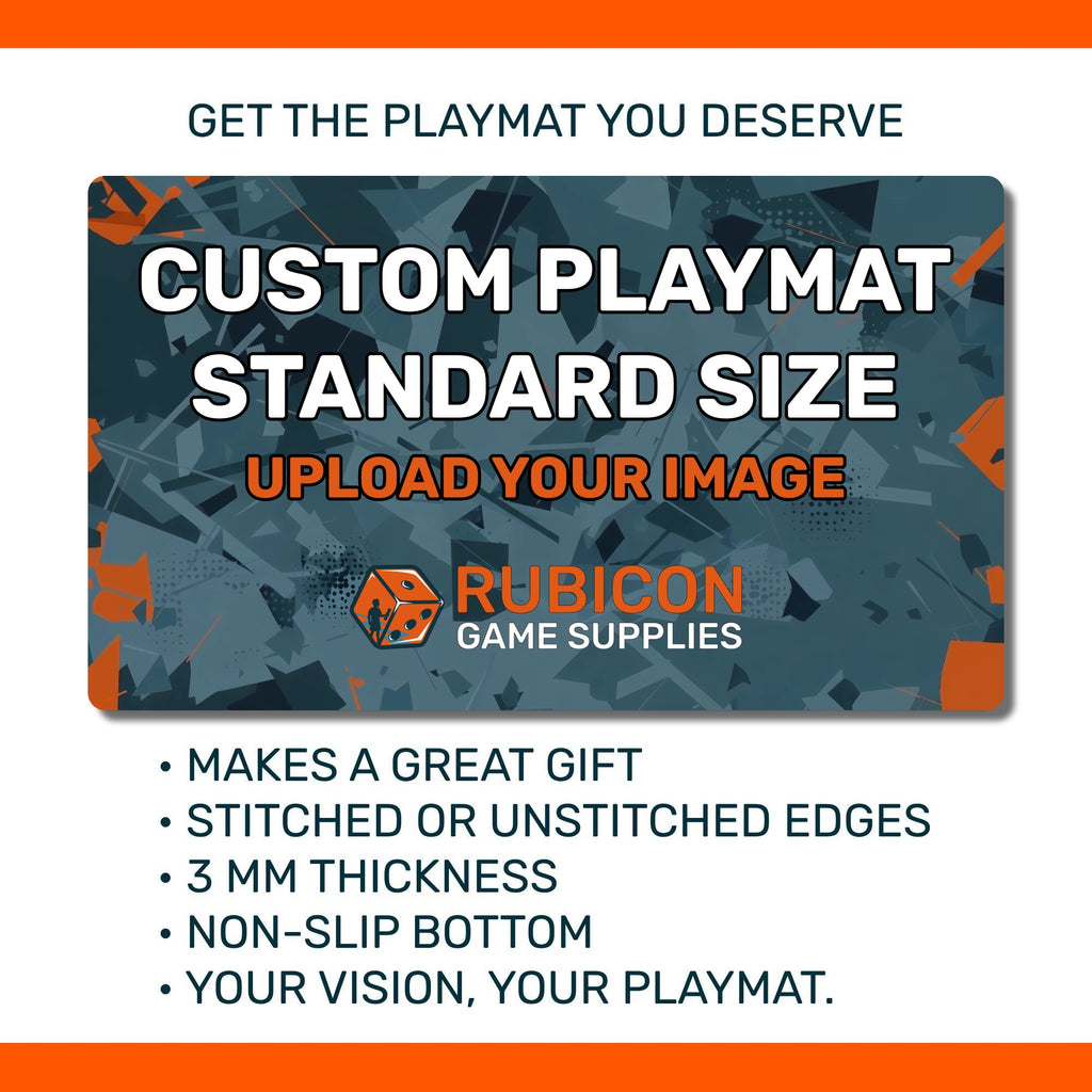 Custom printed TCG playmat standard size product features infographic