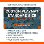 Custom printed TCG playmat standard size product features infographic