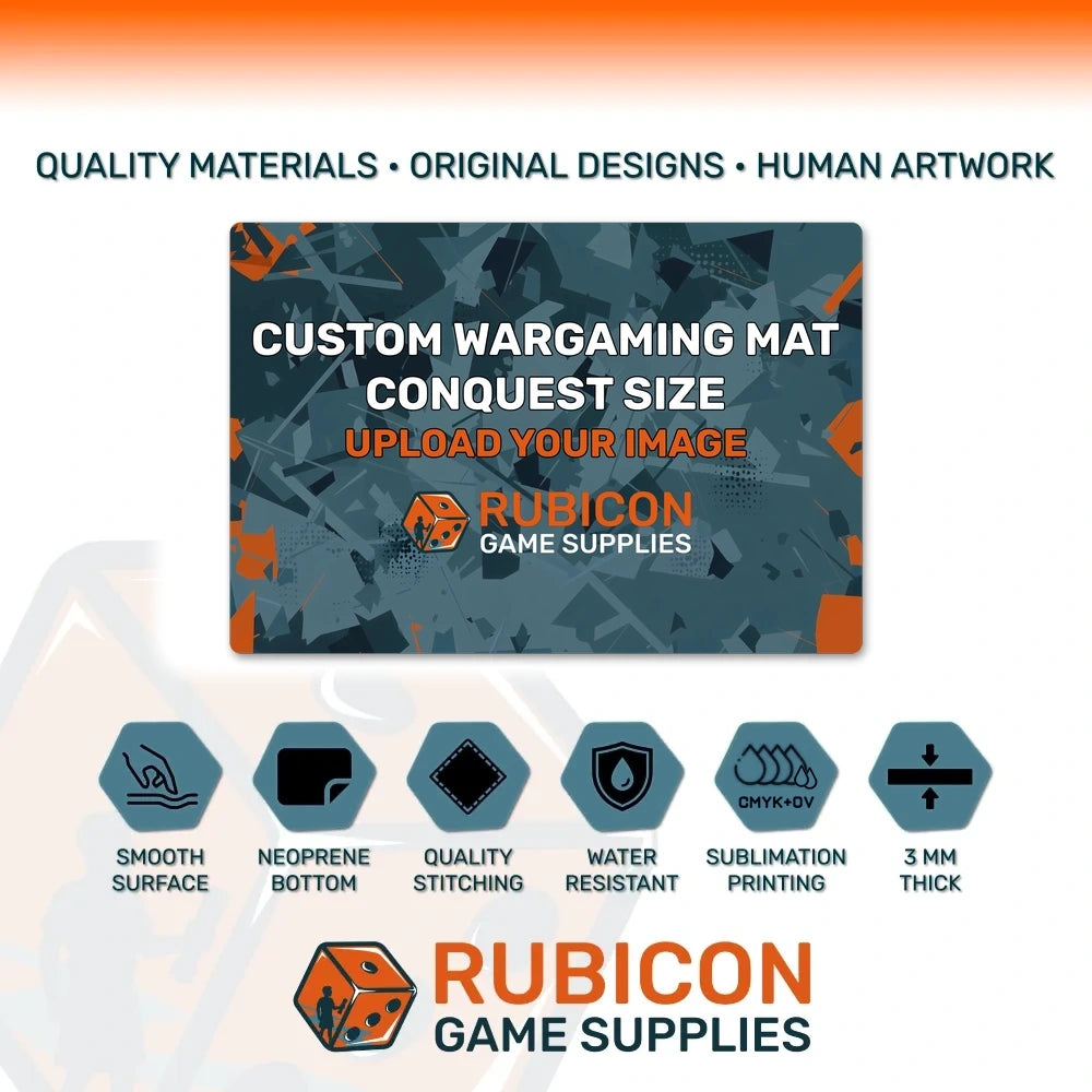 Custom wargaming mat 44 x 30 in: smooth surface, neoprene bottom, stitched edges, water resistant, 3 mm thick
