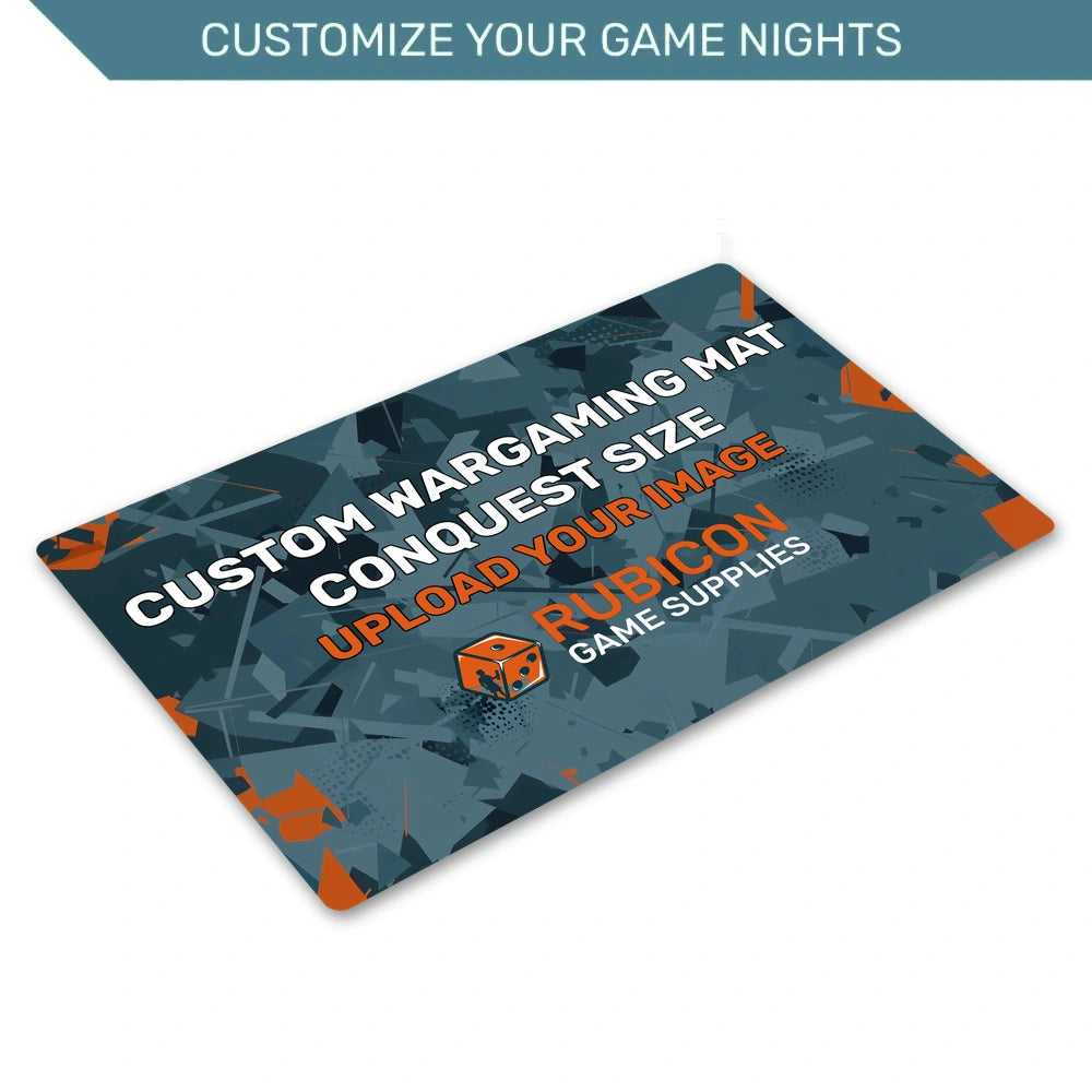 Angled view of a custom wargaming mat, conquest size, 44 x 30 in, upload your own image