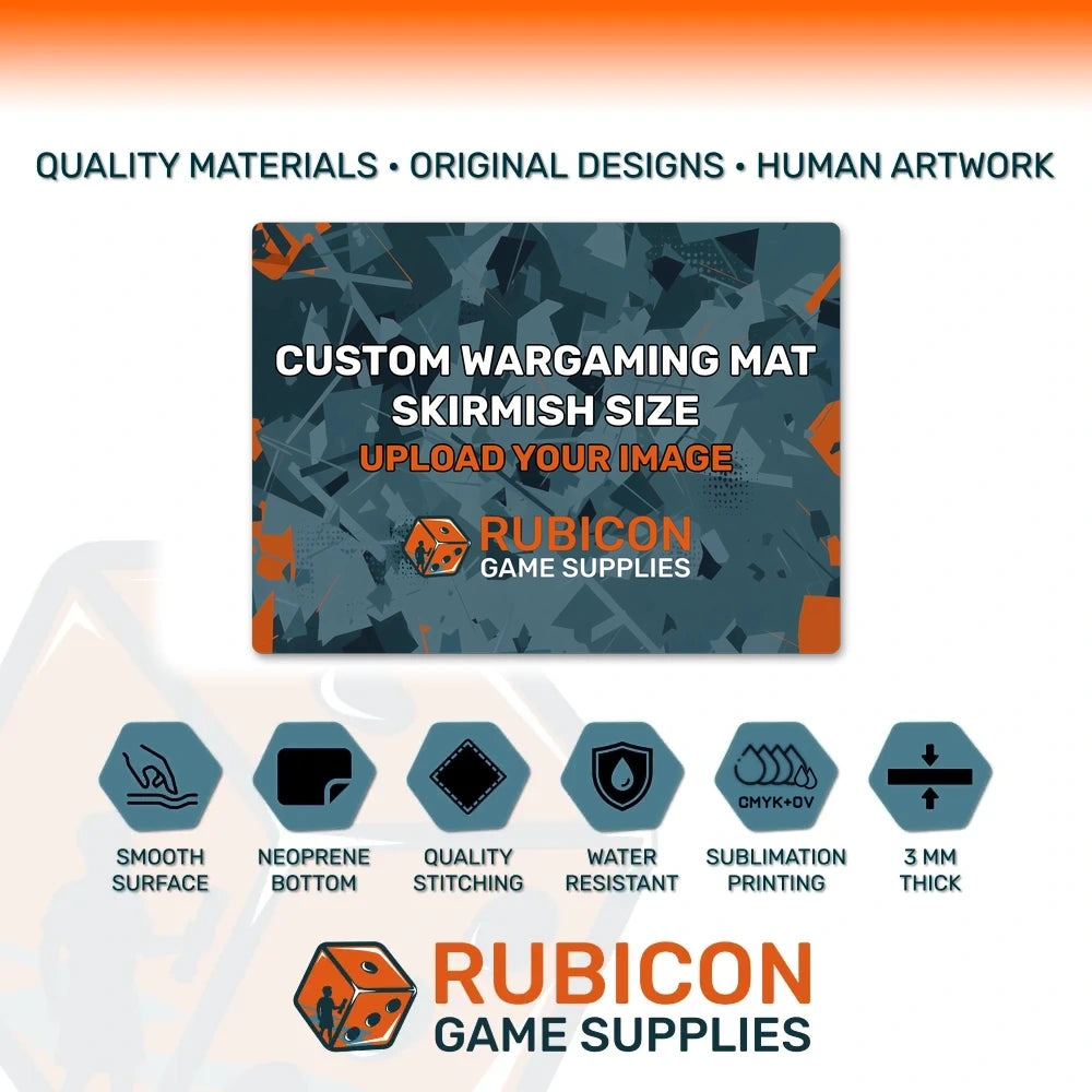 Custom wargaming mat 30 x 22 in: smooth surface, neoprene bottom, stitched edges, water resistant, 3 mm thick