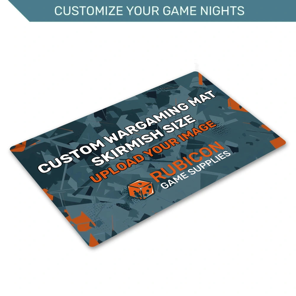 Angled view of a custom wargaming mat, skirmish size, 30 x 22 in, upload your own image