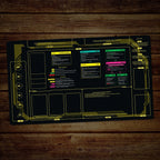 Cyberpunk TCG black yellow playmat wood table display
