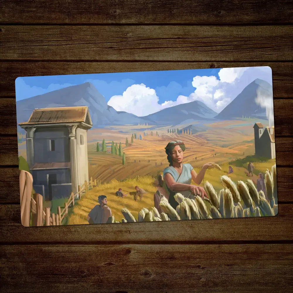 Painting of a woman in a field with mountains in the background on a wooden surface