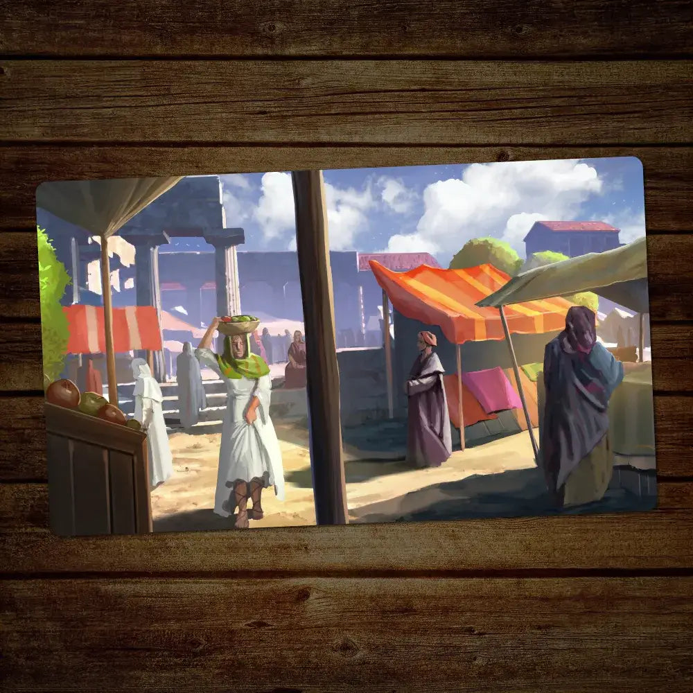 Painting of a marketplace scene with people and tents on a wooden surface