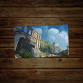 Painting of an ancient architectural structure on a wooden surface
