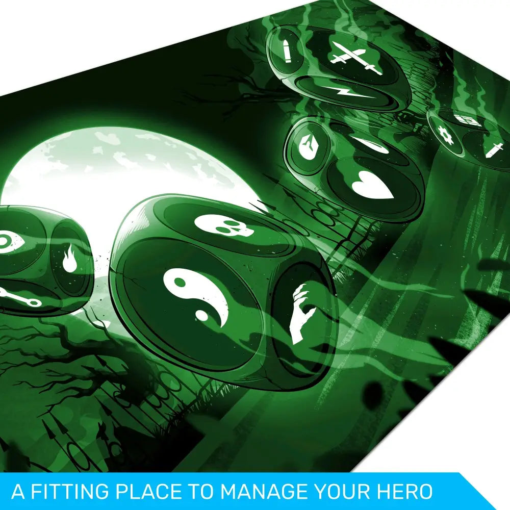 Dice with question marks on a green background, resembling a gaming mat.
