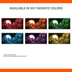 Dice Throne playmat in six colors: red, orange, green, blue, purple and yellow, artwork by Crissha A Art