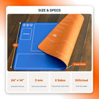 Double-sided playmat specs: 24 x 14 inches, 3 mm thick, printed on both sides, stitched edges