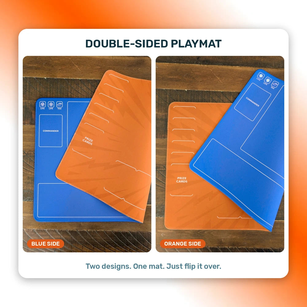 Double-sided playmat shown blue side up and orange side up: two designs on one mat