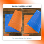 Double-sided playmat shown blue side up and orange side up: two designs on one mat