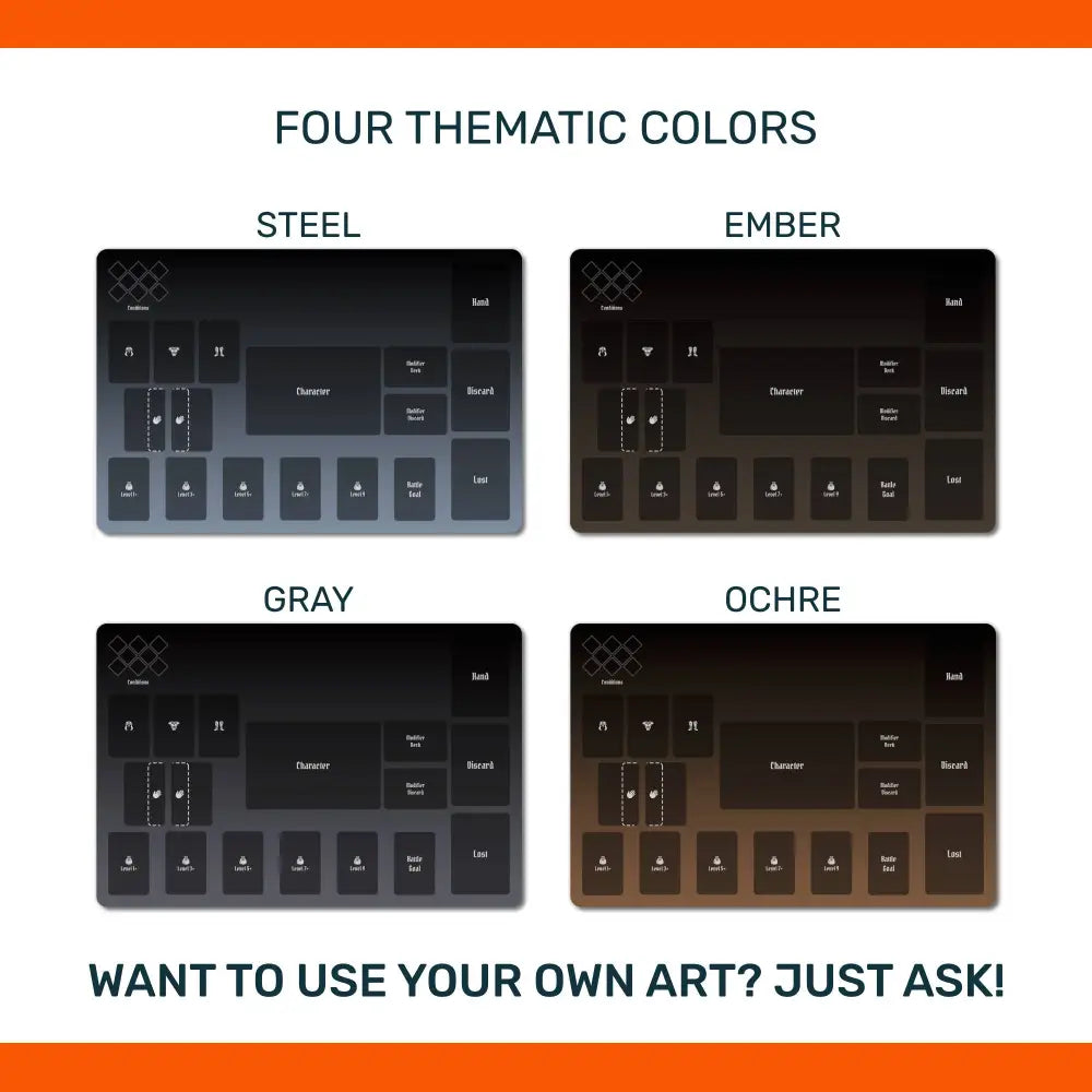 Four different color-themed control panels labeled Steel, Ember, Gray, and Ochre with an option to use custom art.