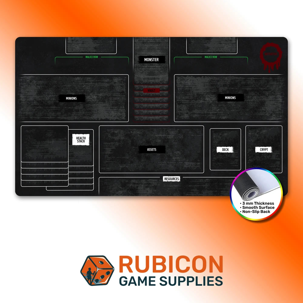 Hellbreak TCG playmat with monster, vault, malice row, minion, health stack, assets, deck, crypt and resources zones on a distressed black background