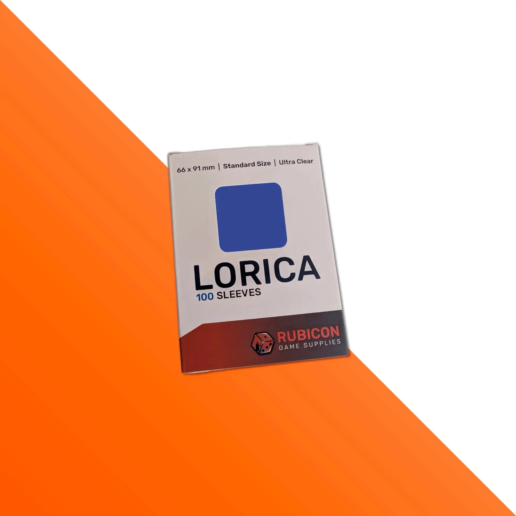 Lorica brand standard size ultra clear card sleeves in a box of 100, packaged by rubicon game supplies.