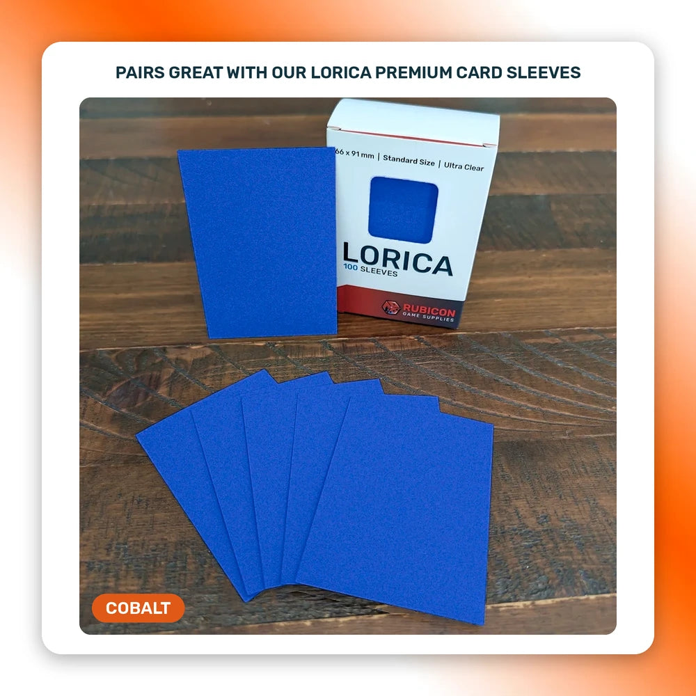 Lorica Premium Card Sleeves in Cobalt, 100 pack, standard size, pairs with this playmat