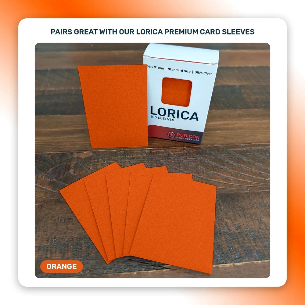 Lorica Premium Card Sleeves in Orange, 100 pack, standard size, pairs with this playmat