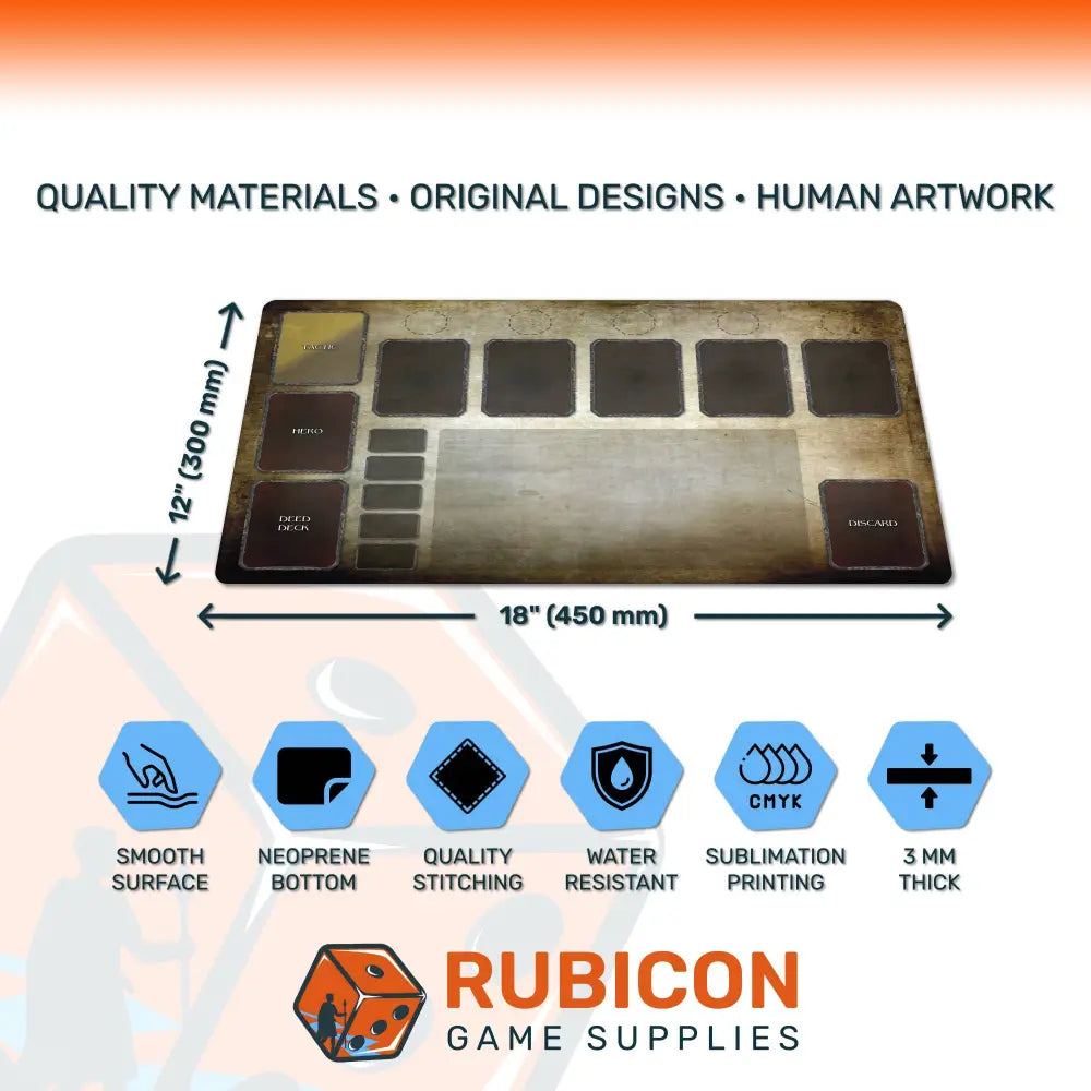 Rubicon Game Supplies mat with dimensions and features on a gradient background