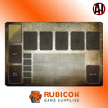 Card game mat with card slots and Rubicon Game Supplies logo on an orange gradient background