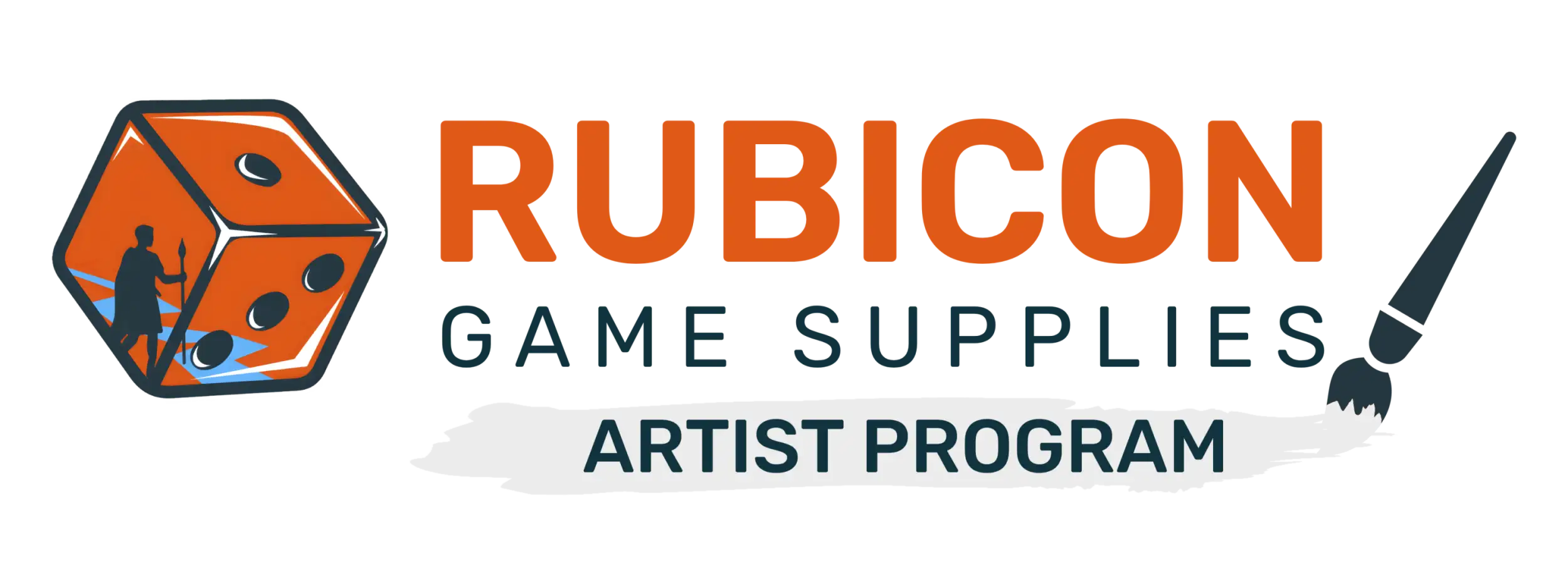Orange die-shaped logo with black dots and a silhouette of a figure holding a weapon, featuring the text ’rubicon game supplies’ in bold orange letters above ’artist program’ on a white banner.