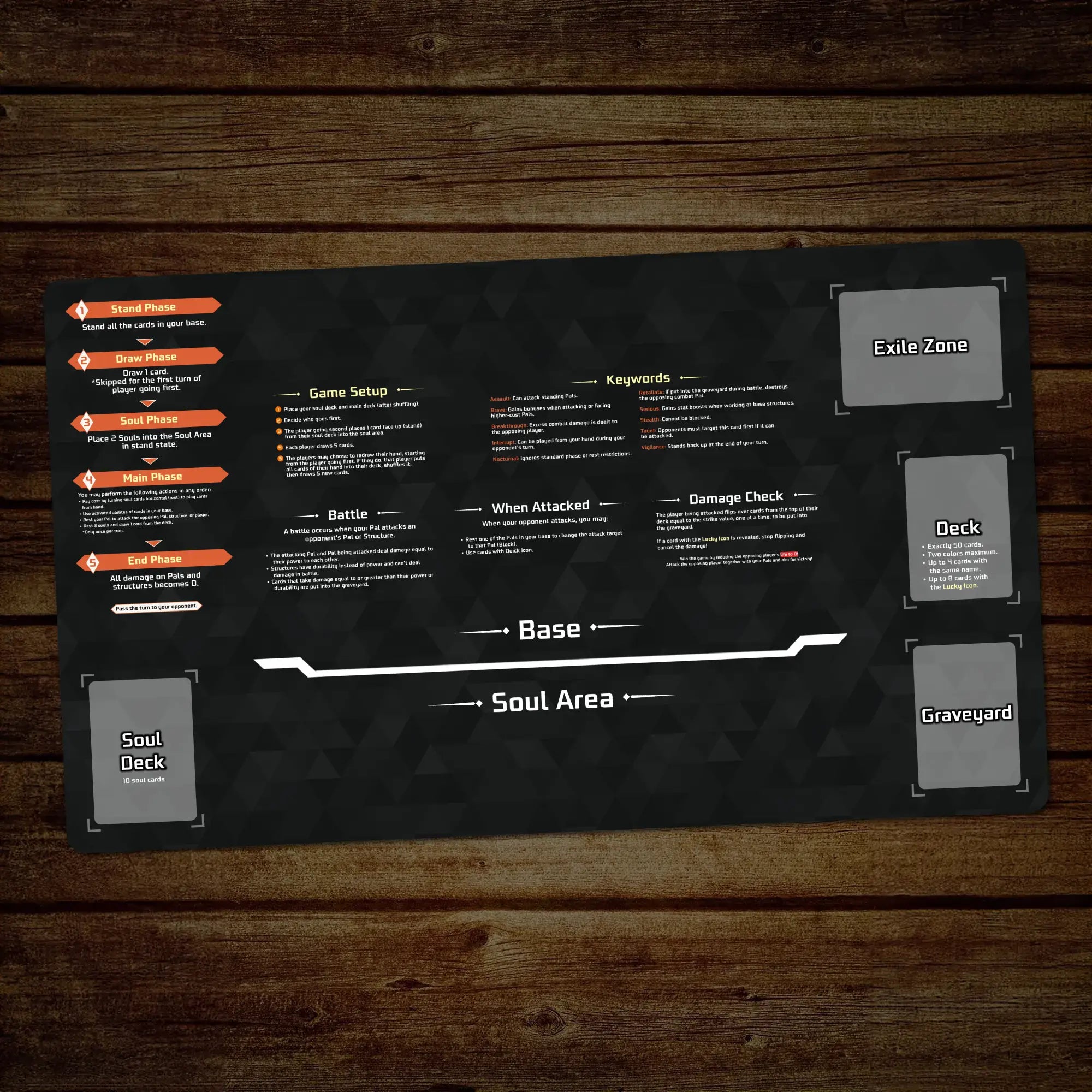A dark tactical gaming playmat with white and orange text instructions, laid flat on a rustic dark wood background.