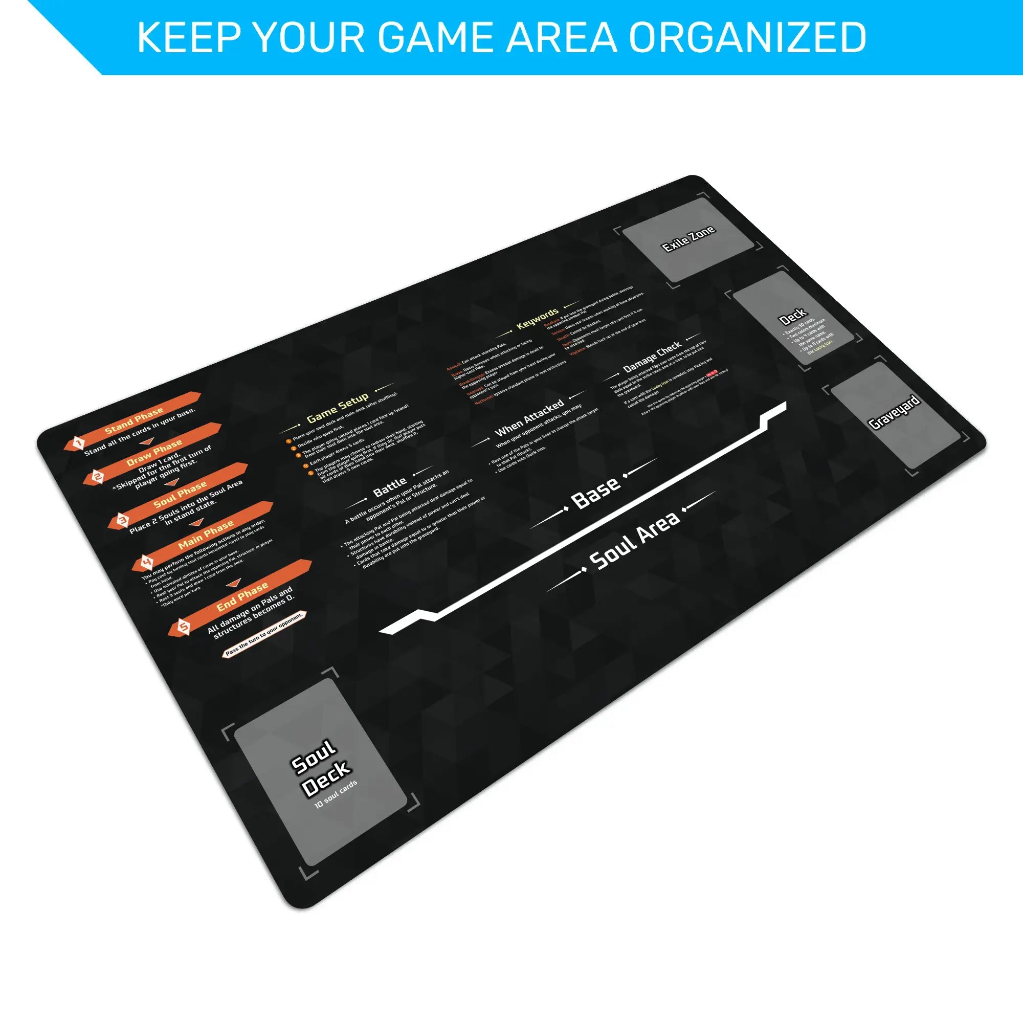 A black rectangular gaming playmat with printed white, gray, and orange tactical game area labels, shown at an angle on a white background with a blue banner at the top reading 'KEEP YOUR GAME AREA ORGANIZED'.