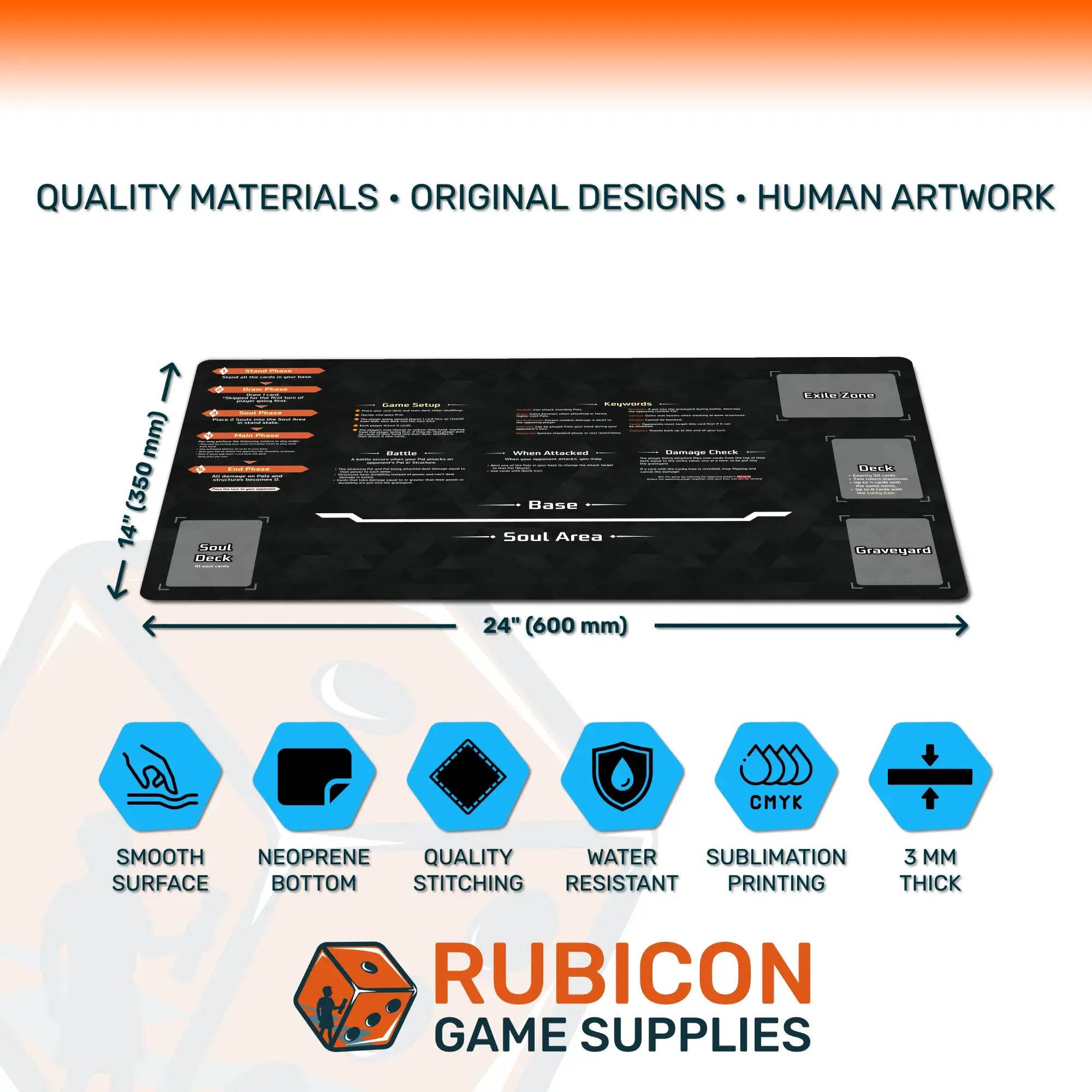 Rubicon Game Supplies esports gaming mat shown on a white background with orange and blue graphic accents, featuring dimension arrows (14 x 24 inches) and feature icons for smooth surface, neoprene bottom, quality stitching, water resistance, sublimation printing, and 3 mm thickness.