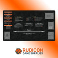 A Rubicon Game Supplies gaming playmat shown on a white background with an orange-to-yellow gradient. The playmat is black with orange and white text labels indicating zones such as Exit Zone, Deck, Soul Deck, and Graveyard, along with informational text blocks.