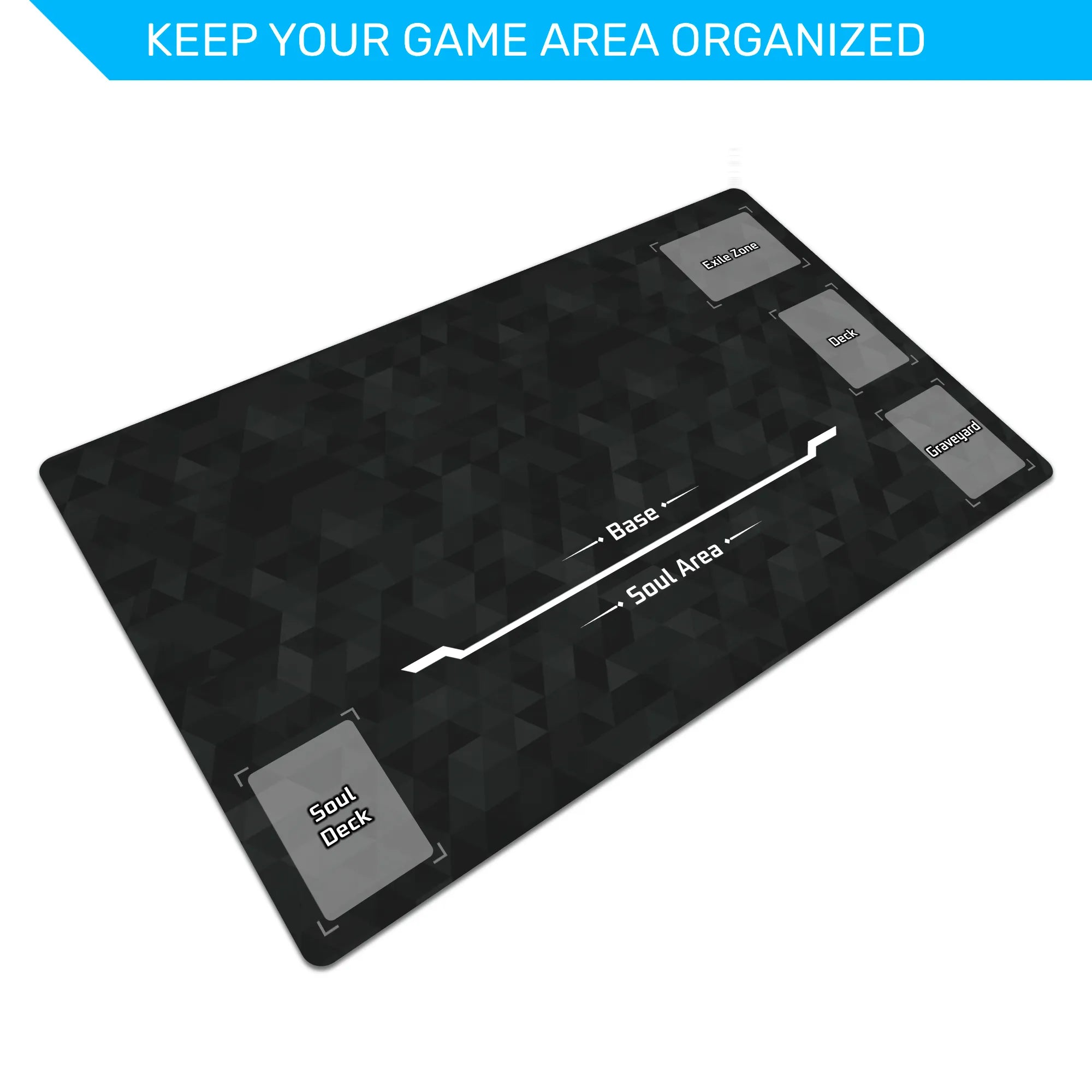 A black gaming playmat with a subtle geometric pattern, featuring labeled zones for Soul Deck, Base, and Soul Area, shown on a white background with a blue header banner.