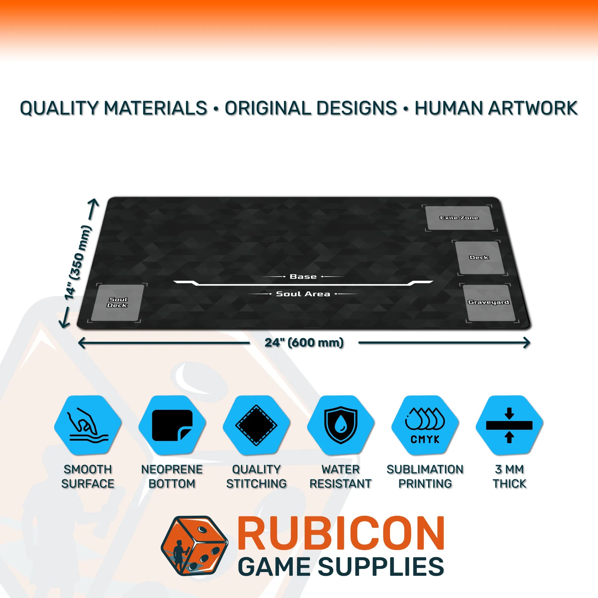 Rubicon Game Supplies gaming mat shown on a white background with orange header and blue feature icons. The mat is black with a subtle carbon-fiber texture, labeled 24 x 14 inches (600 mm x 356 mm), with marked zones for Base, Snout Area, and Transporter.