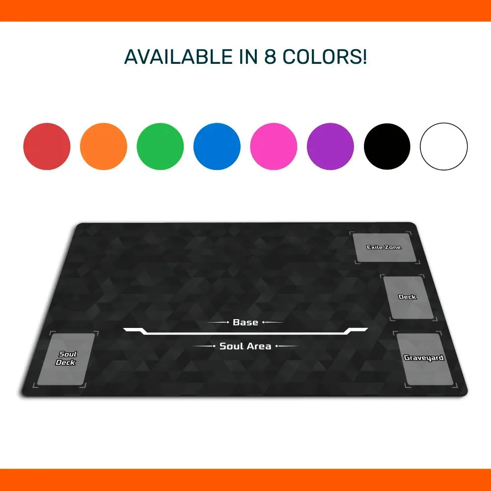 A black textured gaming playmat with labeled zones including Soul Deck, Base, Soul Area, Deck, Graveyard, and Enemy Zone, shown below a row of available color swatches and the text 'AVAILABLE IN 8 COLORS!'.