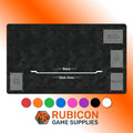 A Rubicon Game Supplies gaming playmat shown on a white background with an orange gradient border. The playmat is black with a subtle geometric pattern and features labeled zones: Exit Zone, Deck, Graveyard, Soul Deck, Base, and Soul Area.