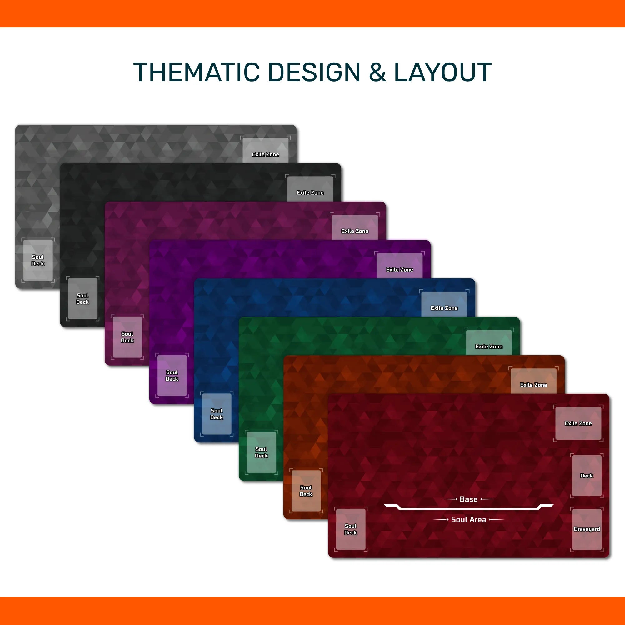 A set of overlapping rectangular design templates or sheets in multiple colors, arranged diagonally on a white background with the heading 'THEMATIC DESIGN & LAYOUT' at the top.