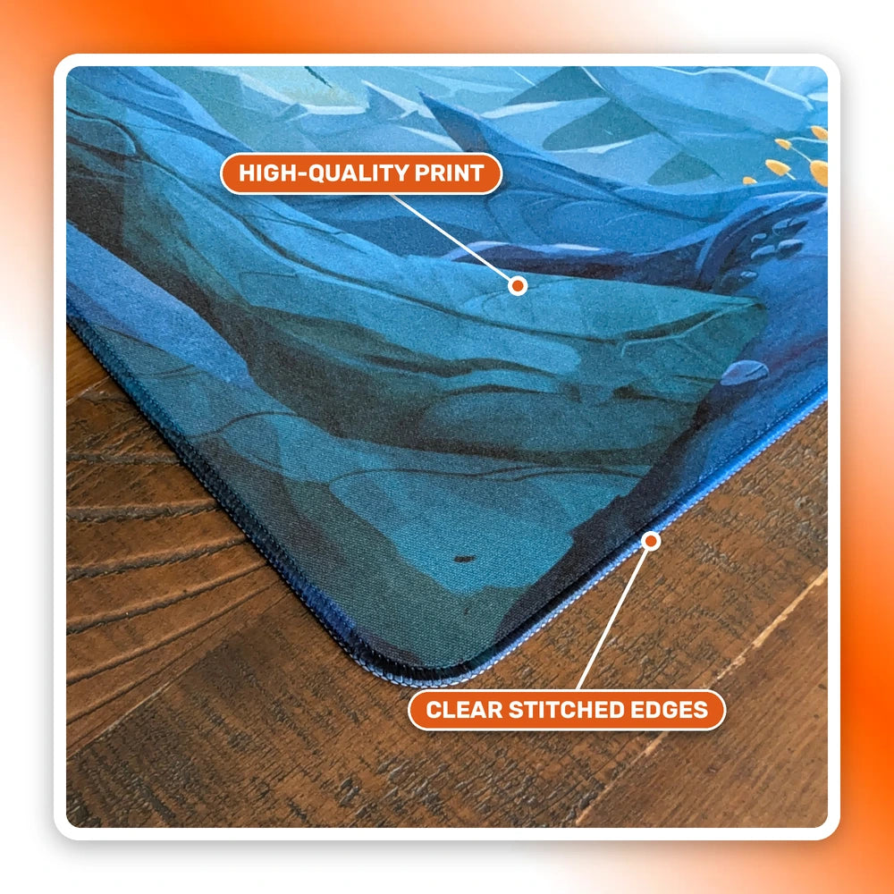 Close-up of a mat corner showing the high-quality print and clear stitched edges