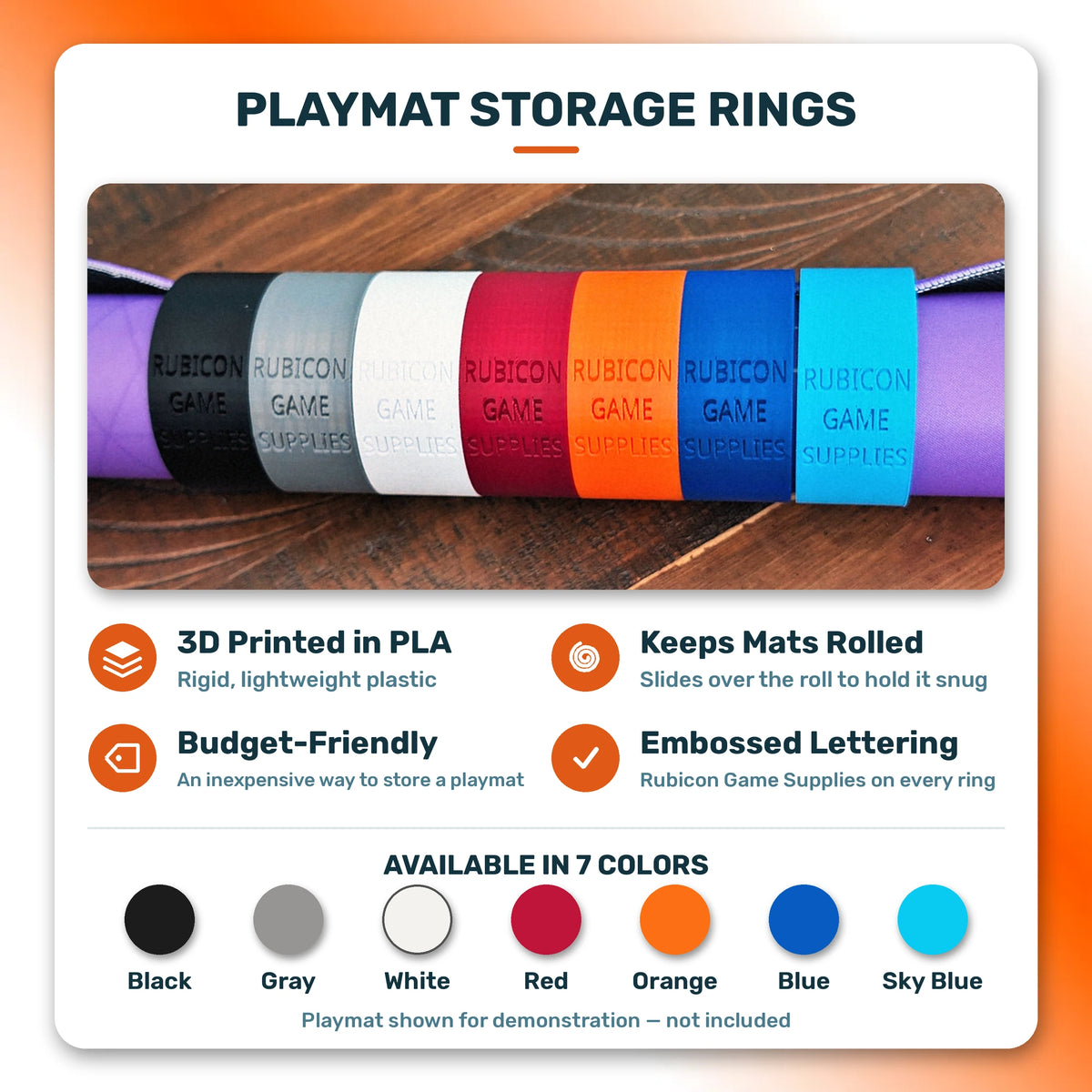 Playmat storage rings 3D printed PLA colors info