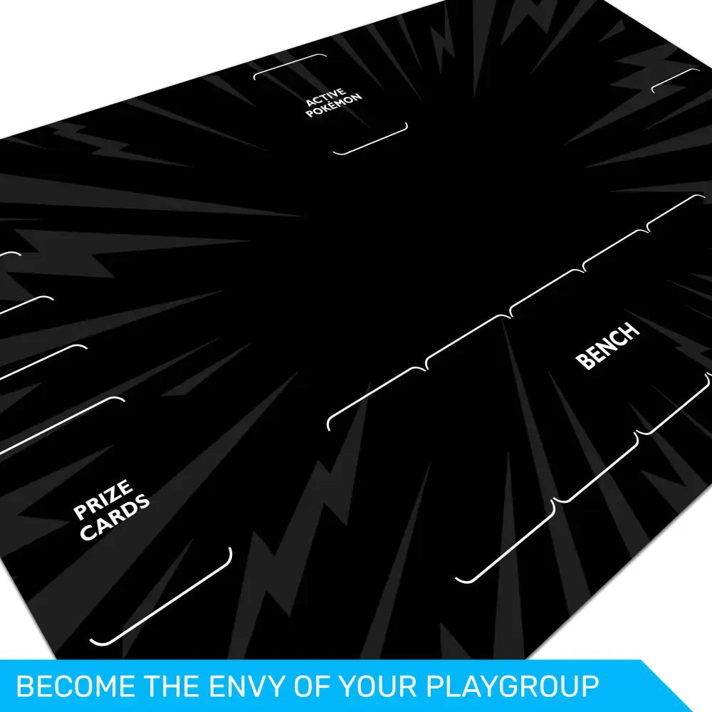 Black playmat with text labels on a white background
