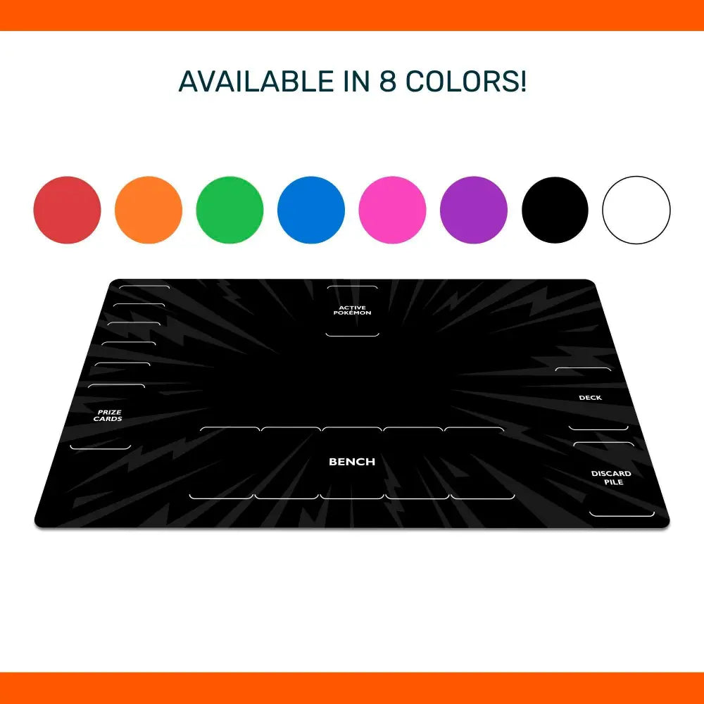 Black game mat with color swatches and text about color options and customization.