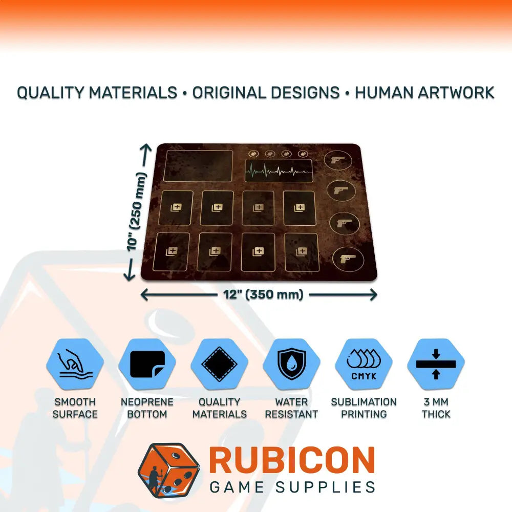 Rubicon Game Supplies product with dimensions and material features on a white background
