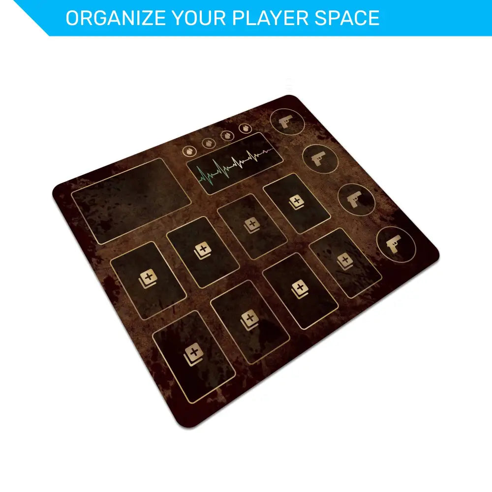 Game mat with card slots and branding on a white background