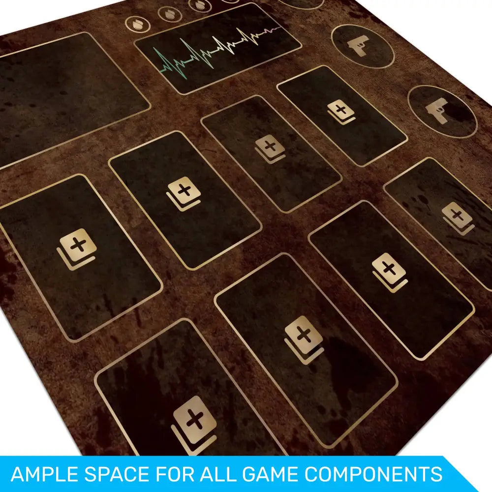 Game board with card slots and game components on a brown surface