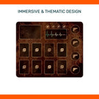 Resident Evil player playmat thematic design with inventory slots and heartbeat monitor