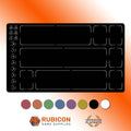 Black playmat with grid lines and number labels on an orange gradient background, featuring Rubicon Game Supplies and Imperium Playmats logos.
