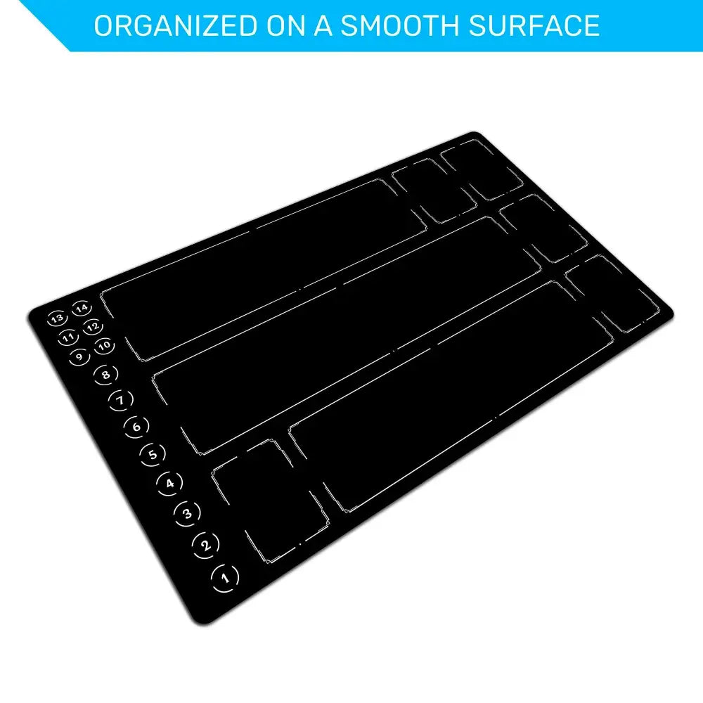 Black keyboard mat with labeled keys on a white background